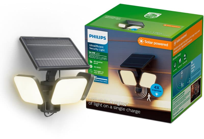 Philips UltraEfficient Zyren Wandlamp - Solar Beveiligingslamp - Bewegingssensor - Helder wit licht: 3000K - 24,5W - Zwart - Twee lichtstanden -