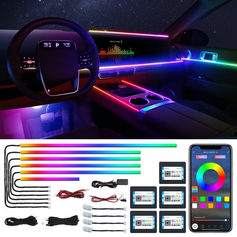 DC LED-strips voor auto-interieur met draadloze app-bediening, RGB 18-in-1, 175 inch, 593 leds, glasvezel, neon auto-ambiente-verlichting, dynamische