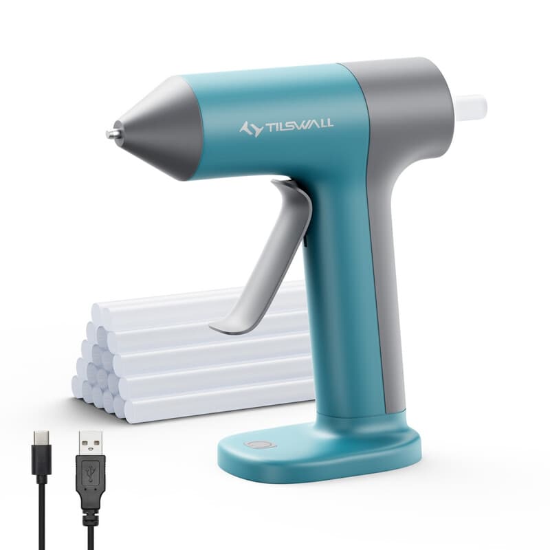 TILSWALL draadloze mini-lijmpistool, USB-C oplaadbaar, 30 seconden snelle opwarming, anti-druppelmondstuk, inclusief 20 stuks 7 x 140 mm lijmsticks,