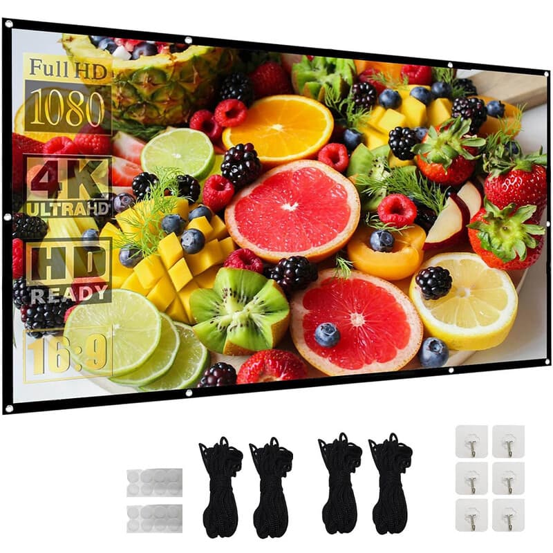 XBJ 120 inch projectiescherm 16:9 | draagbaar hd 4k opvouwbaar dubbelzijdig anti-kreuk projectiescherm, 160° brede kijkhoek, extra lange touwen en