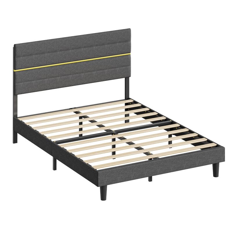 JOYFURNOS bedframe, tweepersoonsbed, geschikt voor een matras van 140 x 200 cm, verstelbare gestoffeerde hoofdbord, van metaal, massief hout, modern,