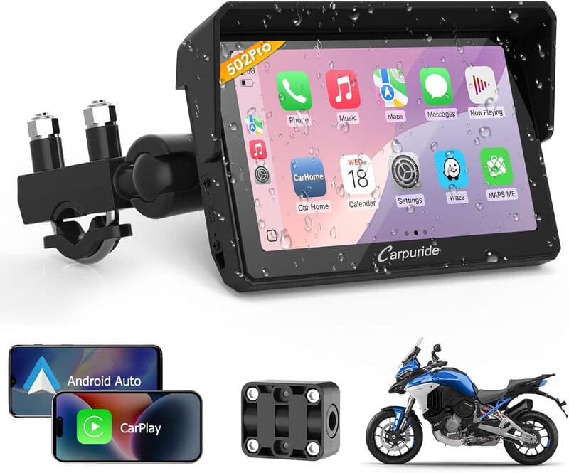 CARPURIDE W502PRO voor motorfiets CarPlay en Android Auto en dubbele Bluetooth - 5 inch waterdicht gps-navigatiescherm voor motorfiets, muziek delen,