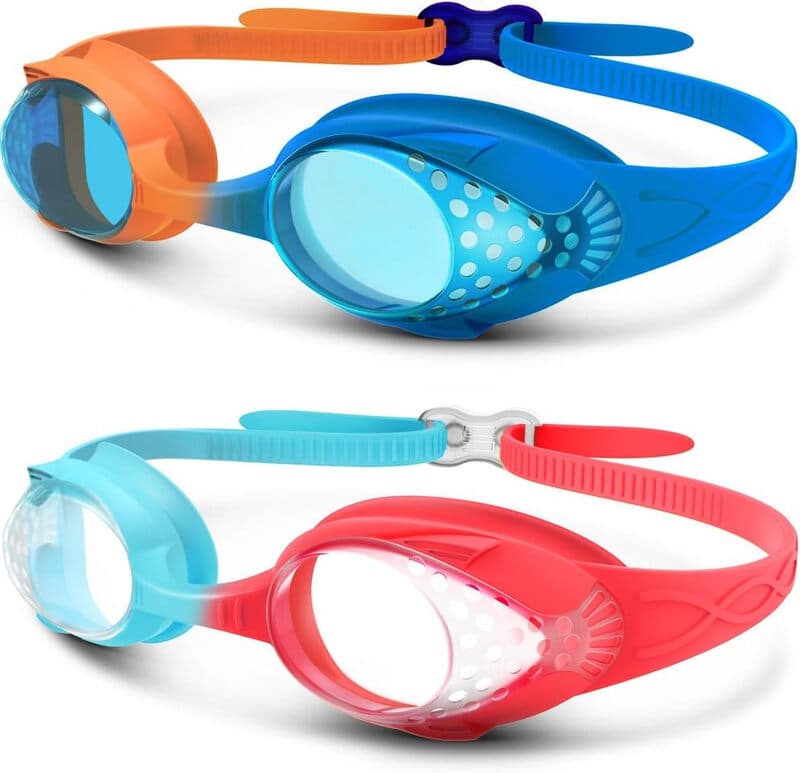 OutdoorMaster Kinderzwembrillen 2-pack - Snelsluitbare verstelbare zwembrillen voor kinderen, oranje & blauw + blauw & rood