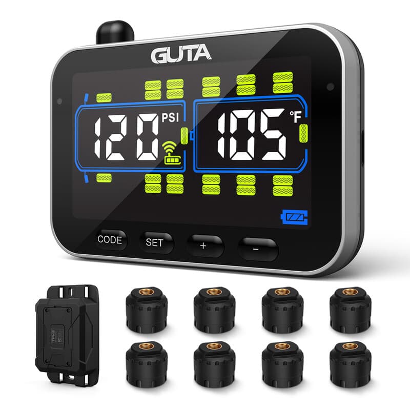 GUTA bandenspanningscontrolesysteem voor campers/aanhangwagens met 8 sensoren, 0-188PSI real-time monitoring, 6 alarmen, LCD-kleurenscherm, repeater,