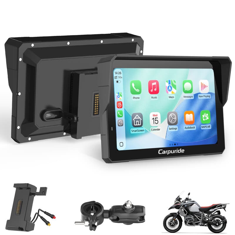 CARPURIDE Motorfiets Carplay-scherm met BM05-houder voor Plug-and-Play, Draadloze CarPlay & Android Auto, 7" Waterdicht Touchscreen, Intercom-functie,
