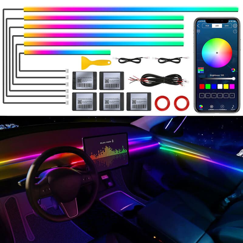 Dreamcolor acryl interieur LED-stripverlichting voor auto met draadloze app, RGB 6-in-1 met 175 inch 593 LED’s glasvezel lichtstrips, dynamische