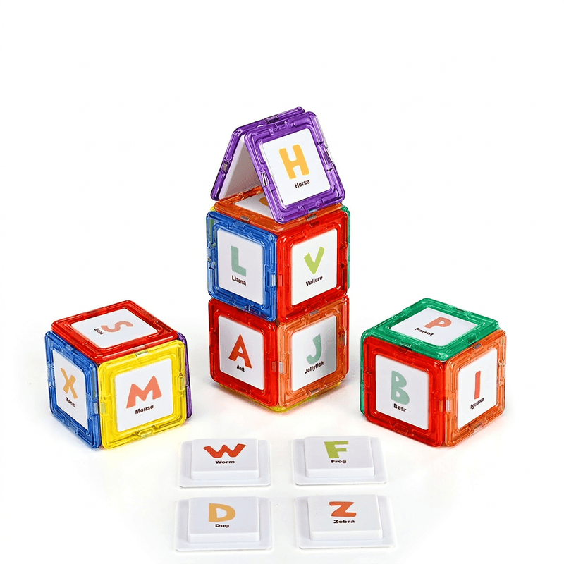 TOKKY 48-delige magnetische tegels, thema alfabetherkenning, bouwpuzzelspeelgoed, sterke magnetische structuur, veilig ABS-materiaal, leren en spelen