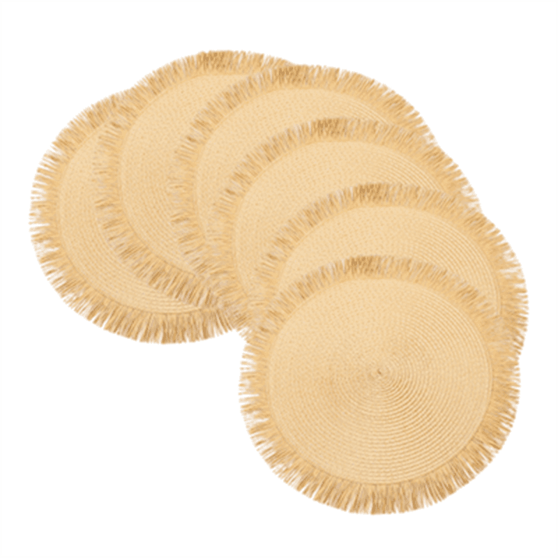Ronde geweven placemat 38cm PP papier met franjes strogeel, natuurlijke hittebestendige geweven placemat van polypropyleen, set van 6 stuks
