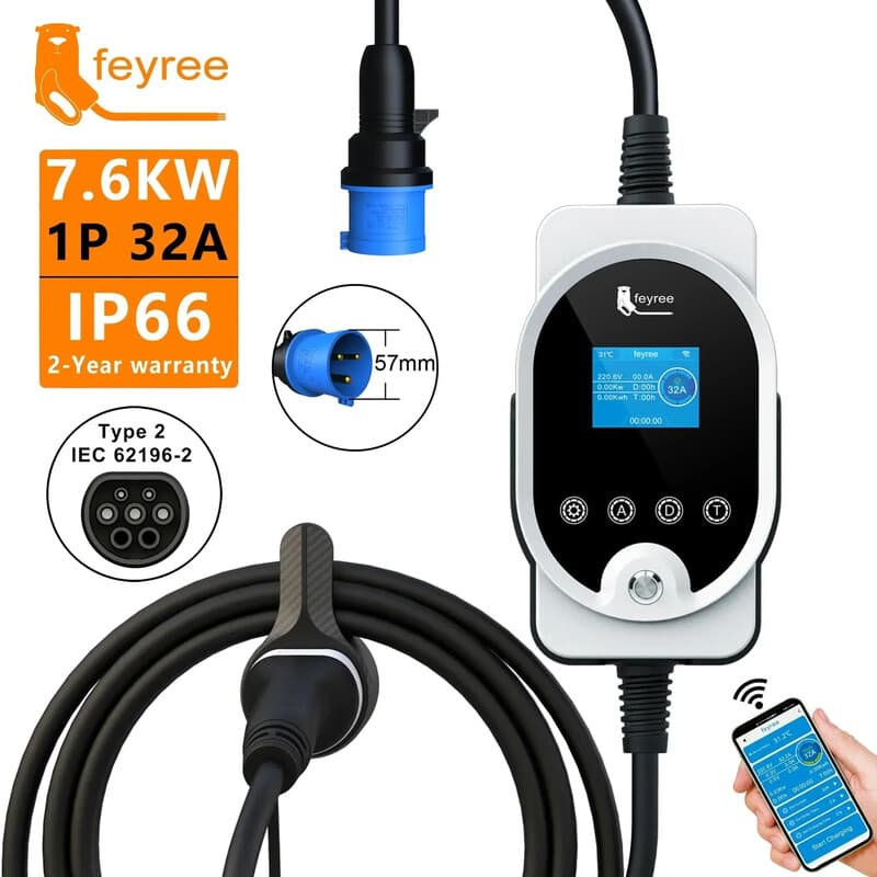 Feyree EVSE-wallbox type 2 EV-lader 7 kW 32 A 1P snelladen, app- en wifibediening, instelling van stroom en laadtijd voor elektrische auto