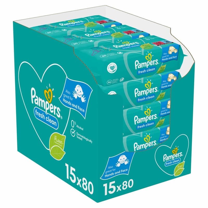 Pampers fresh clean babydoekjes, 15 pakjes van 80 stuks