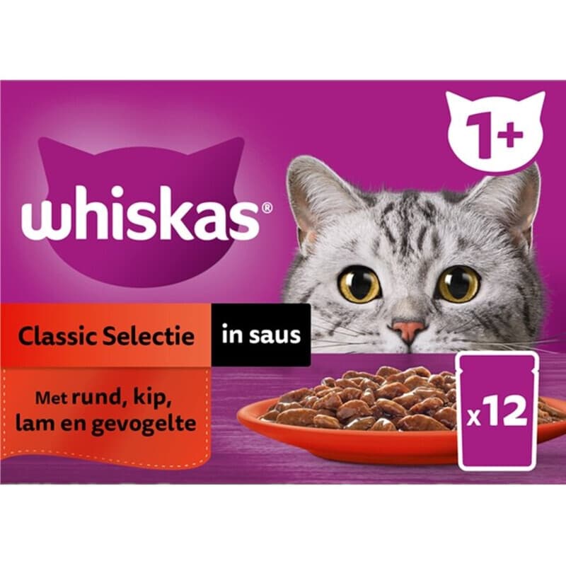 Whiskas natvoer voor volwassen katten 1+ mixselectie in saus 12 x 85 g