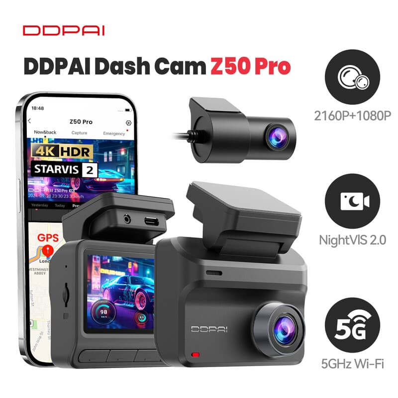 DDPAI Z50 Pro Dashcam Voor en Achter 4K+1080P, Dashcam voor Auto's, Ingebouwde 5G Wi-Fi 6 GPS, 3" Display Dashcam, Super Nachtzicht, Ondersteunt ADAS,
