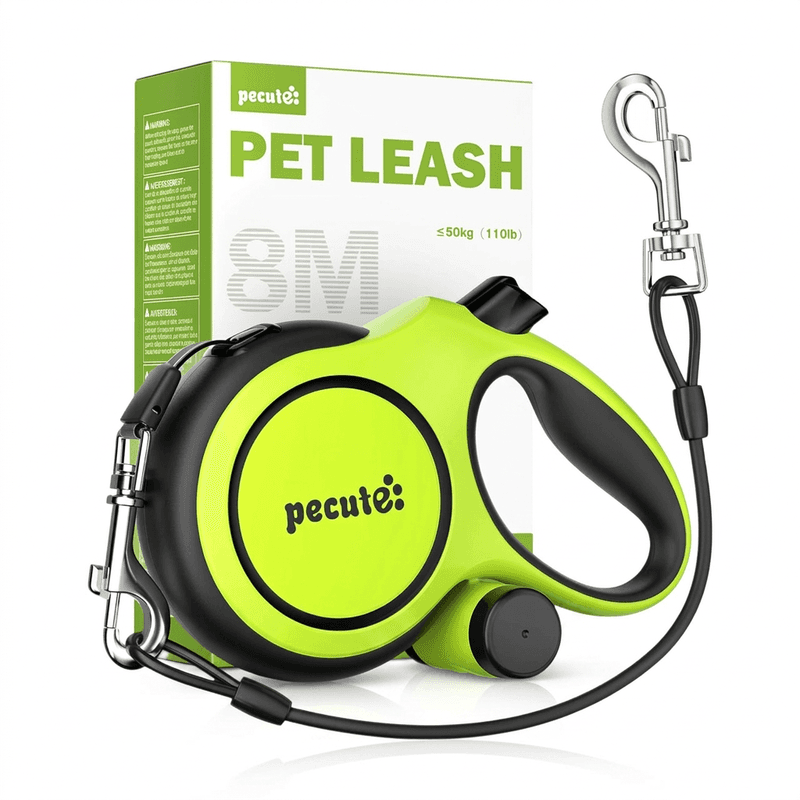 Pecute Instant-Control-serie 8 m intrekbare hondenriem met stalen kabel en poepzakjesdispenser - Groen