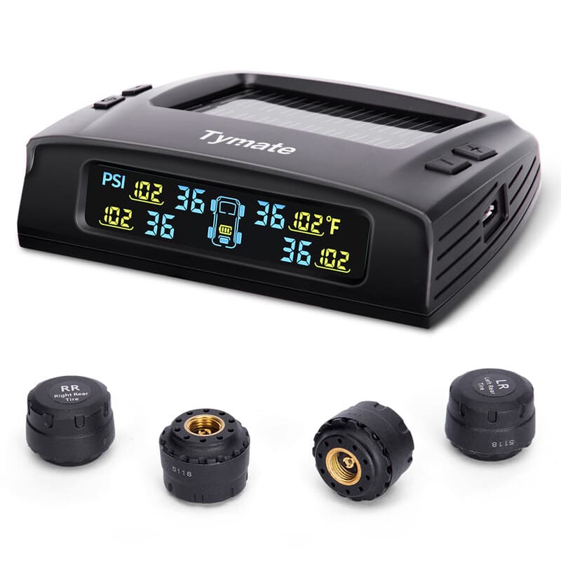 Tymate TPMS-systeem voor campers, bandenspanningsmonitor op zonne-energie met 4 sensoren, 0-87PSI, 6 alarmmodi, LCD-kleurendisplay, geschikt voor