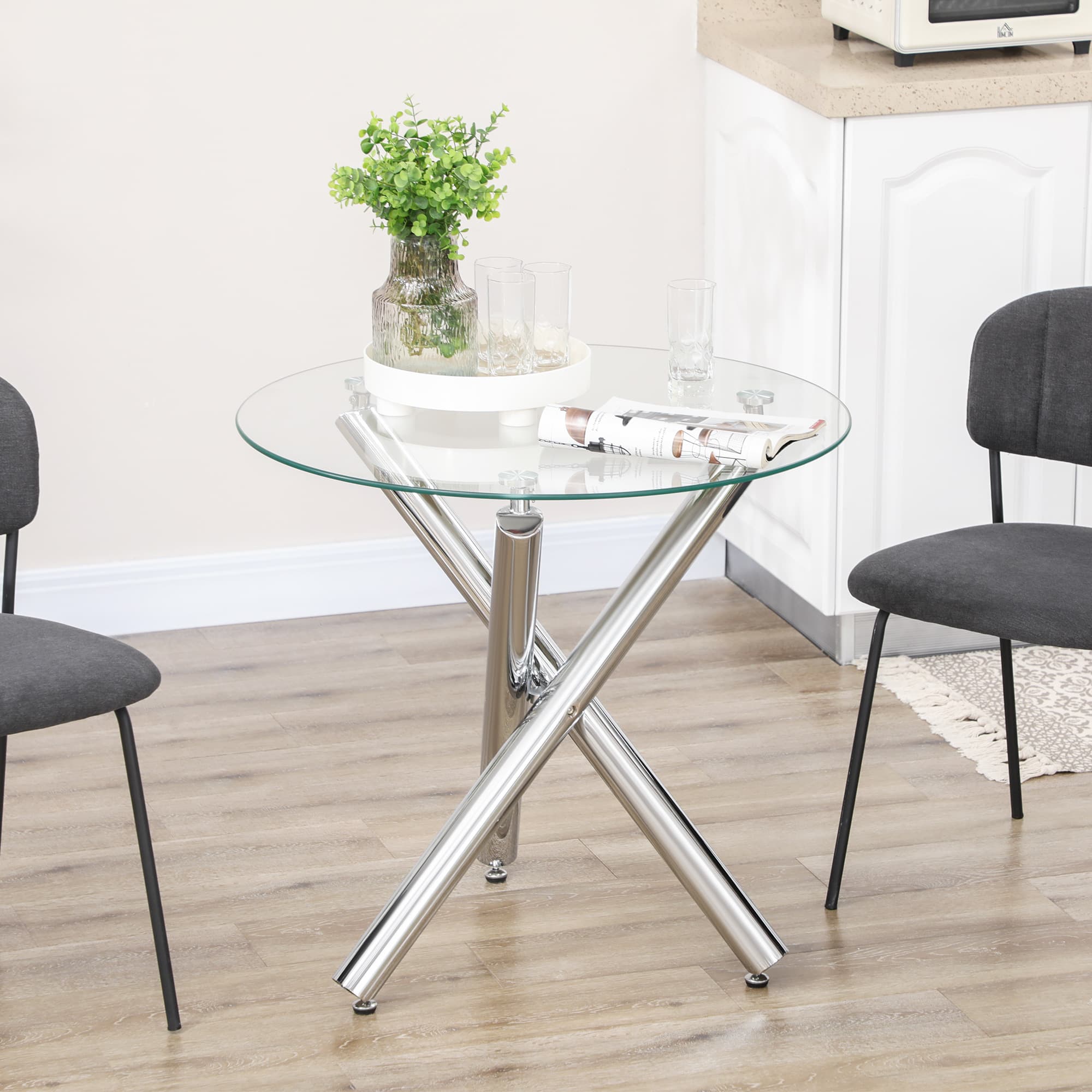 HOMCOM eettafel, rond gehard glas, modern randloos ontwerp, voor 2-4 personen, stevige stalen poten, 80 x 80 x 74 cm, zwart | Aosom.nl