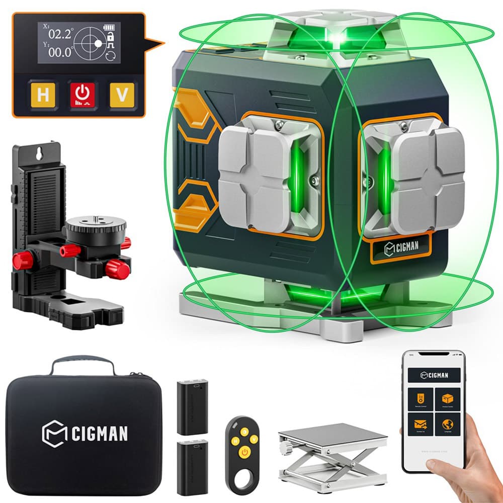 CIGMAN CM-S02 4x360° 16-lijns laserwaterpas, APP-bediening, LCD-scherm, 40 uur ultralooptijd