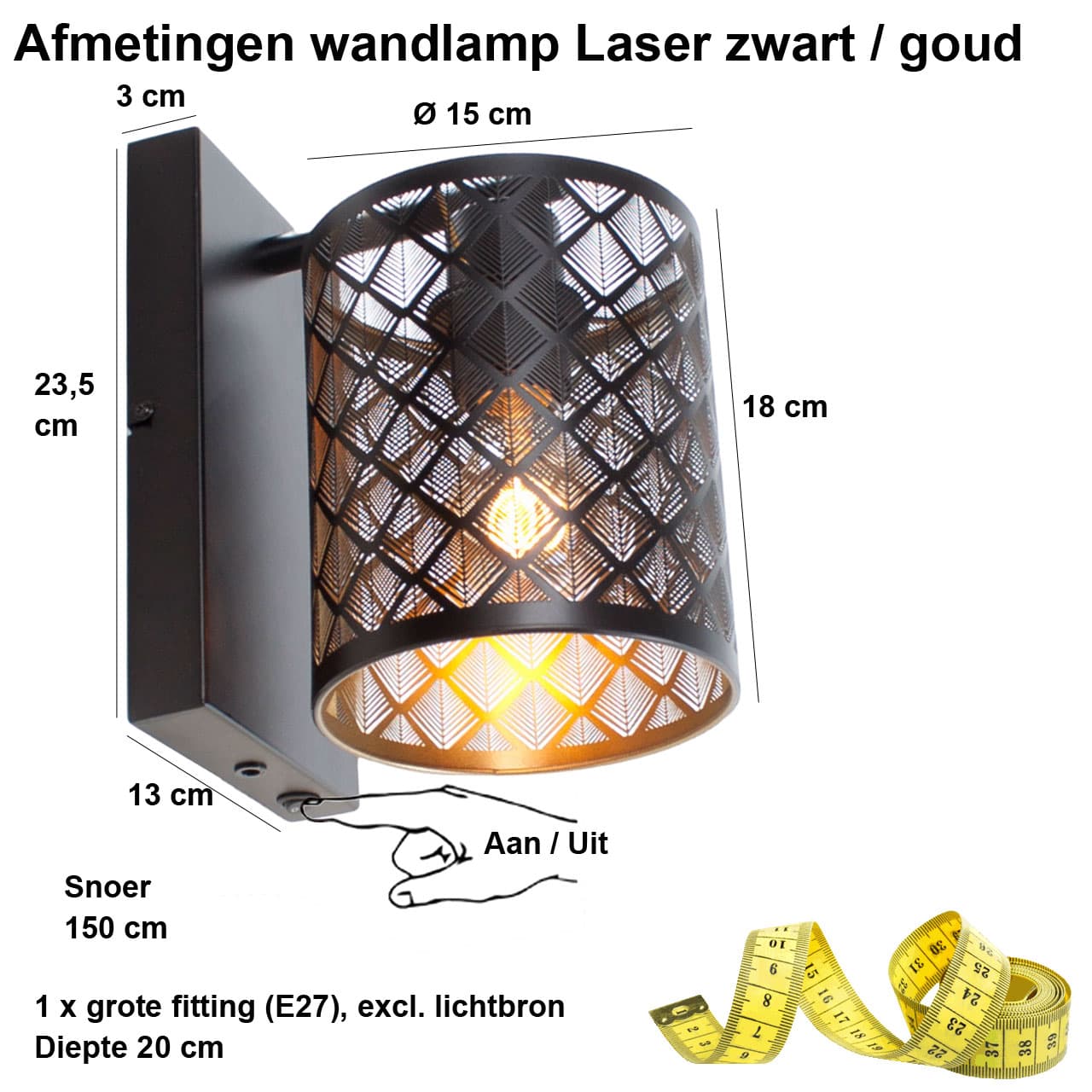 Wandlamp | 15 cm | serie Laser | E27 | goud zwart | metaal | decoratieve moderne landelijke