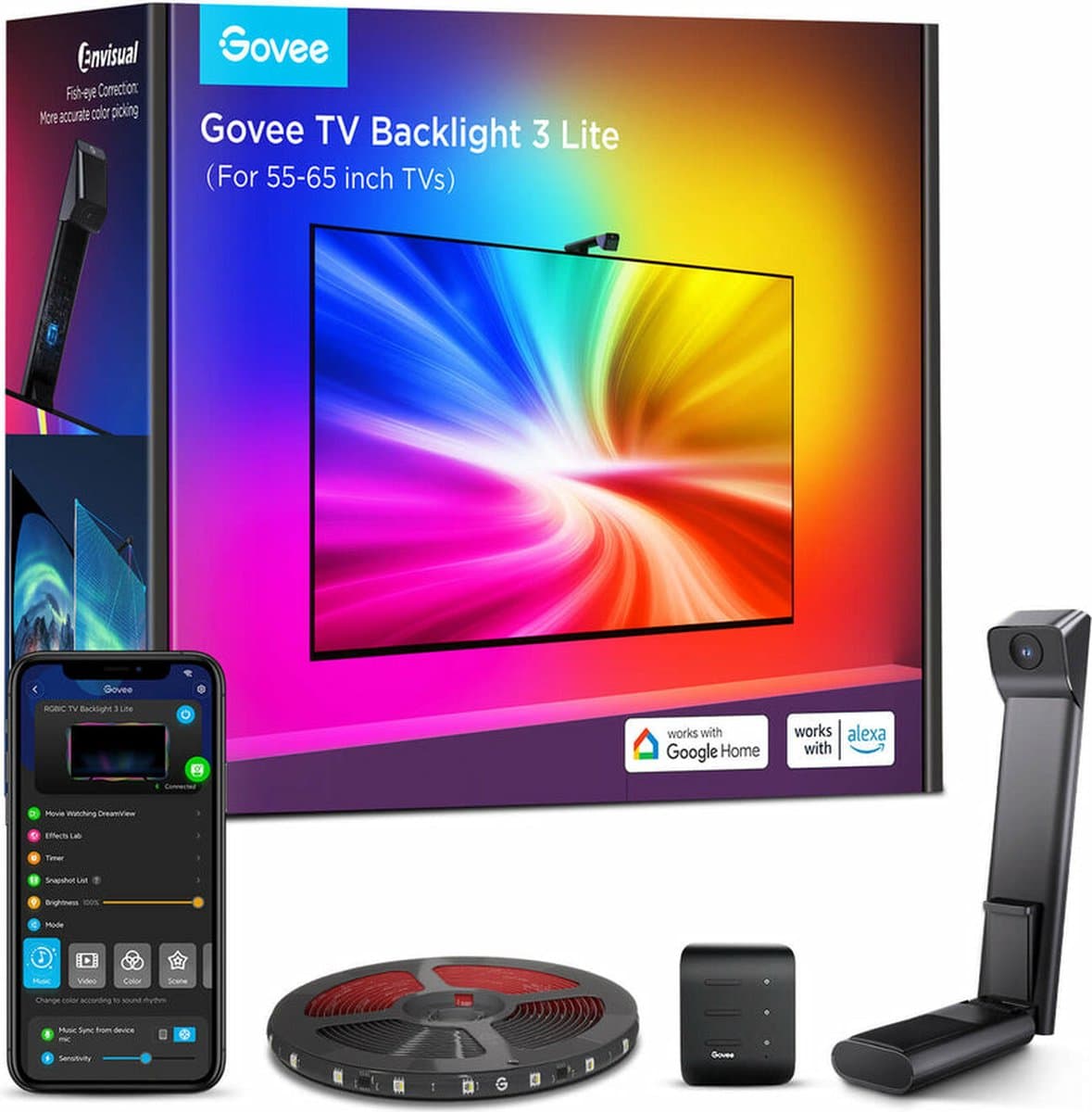 Govee tv backlight 3 lite 55-65 inch - tv led strip - rgbicw - app-bediening - alexa/google - matter compatibel