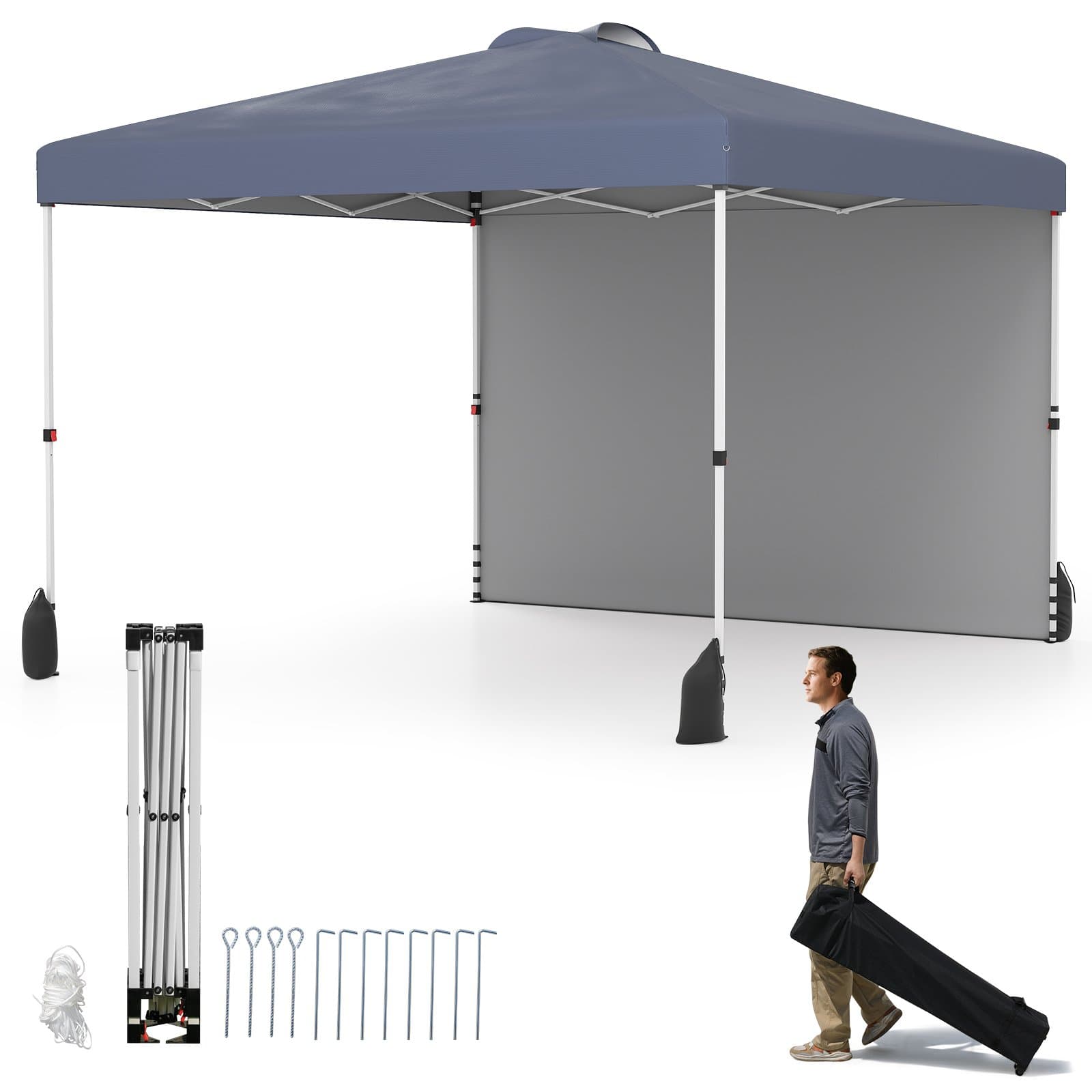 3 x 3 m Pop-up-paviljoen met Zijwand Draagbaar Tuinpaviljoen Inclusief Schaduwdoek met Rol tas Grijs