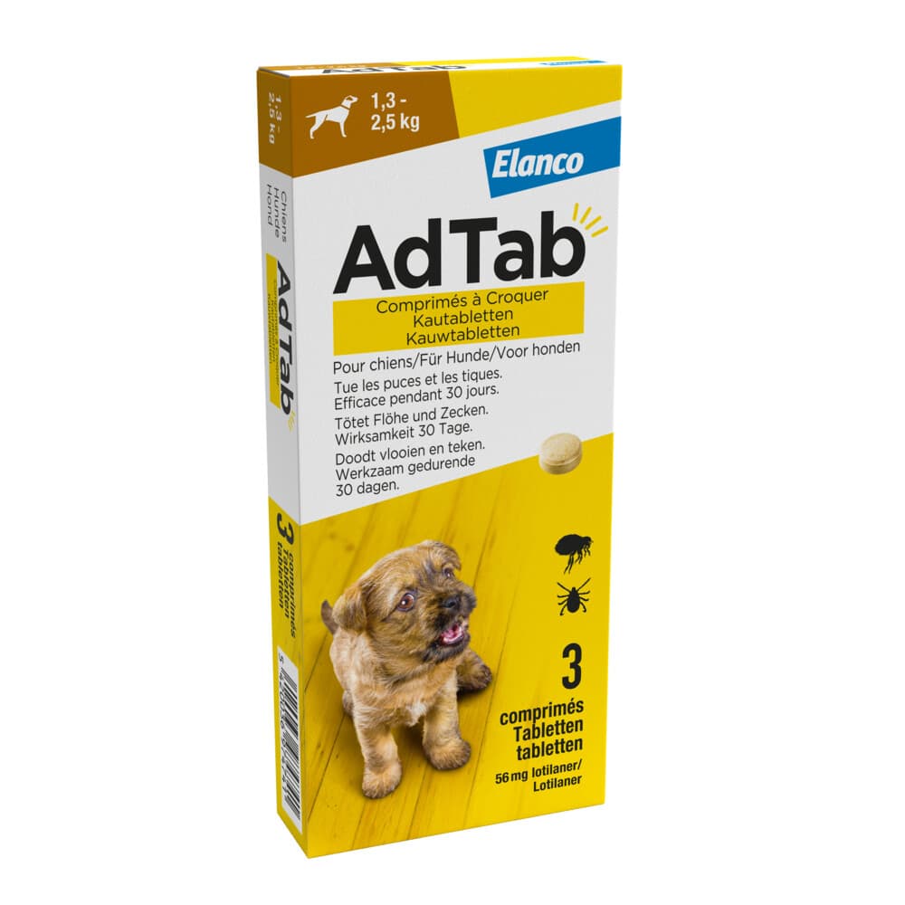 AdTab Anti Vlo en Teek Kauwtabletten Hond 1,3-2,5 kg 3 tabletten