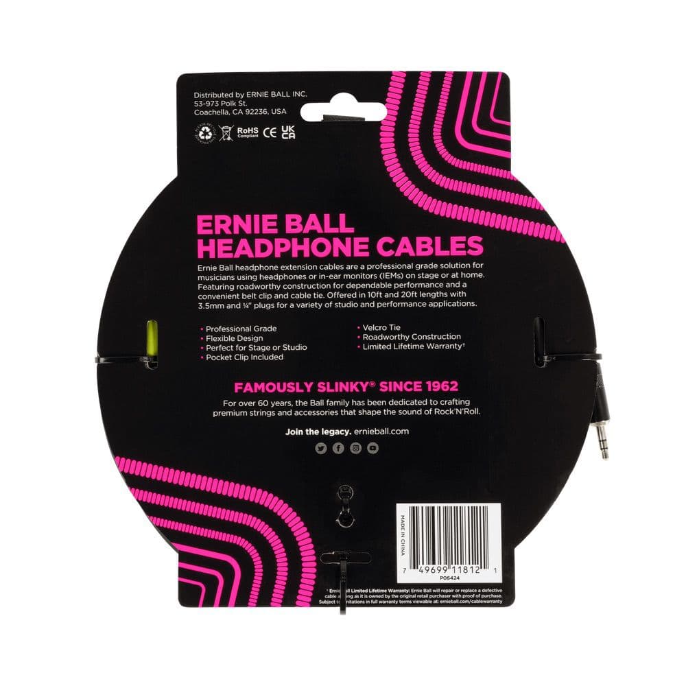 Ernie Ball 6424 Hoofdtelefoon Verlengkabel 3 Meter Minijack 3.5mm naar 3.5mm