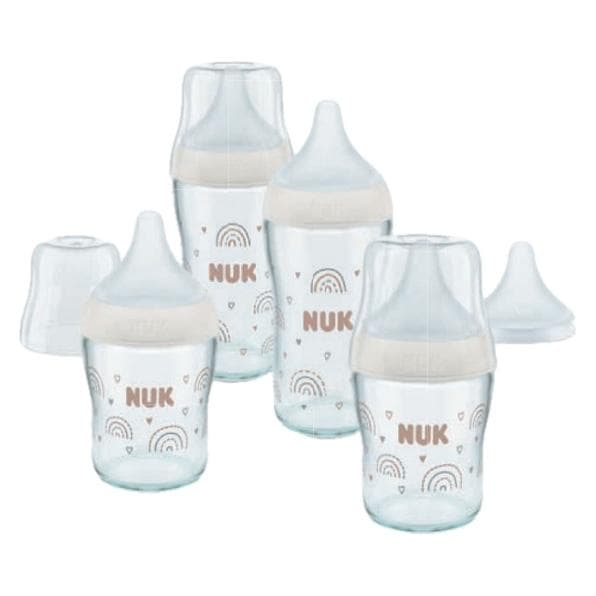 NUK, Babyflasche, Perfect Match 4er Flaschen Set Glas weiss (Regenbogen) (120 ml)