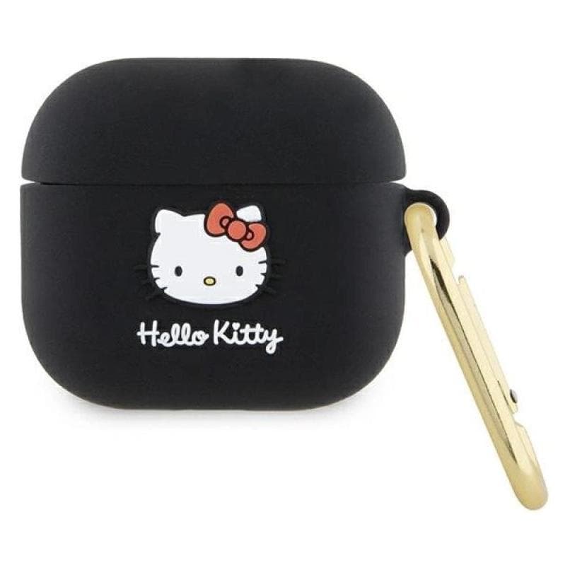 Hello Kitty HKA33DKHSK Airpods 3 hoesje czarny/zwart Siliconen 3D Kitty-kopje (Hoofdtelefoon hoes), Hoofdtelefoon Tassen + Beschermende Covers, Zwart