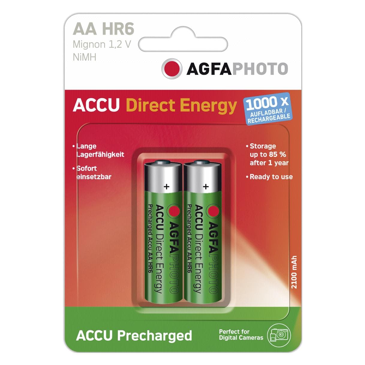 AGFAPHOTO 1x2 NiMh Mignon AA 2100 mAh Direct Energy oplaadbare batterij (1 Pcs., AA, 2100 mAh), Batterijen