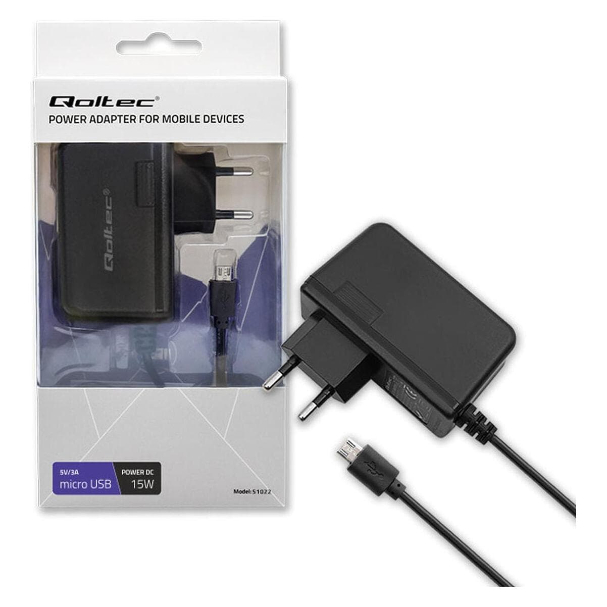 Qoltec 51022 Lader 15W 5V 3A microUSB (15 W), Voeding voor notebooks, Zwart