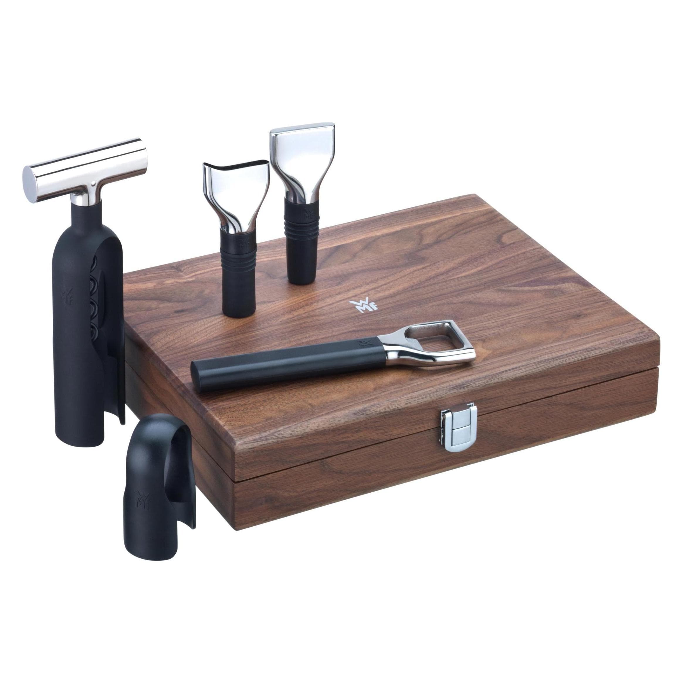 WMF Sommelier Wijn Set 5st Kurkentrekker Flesstopper Walnoot Hout Doos Baric, Flesopener, Zwart
