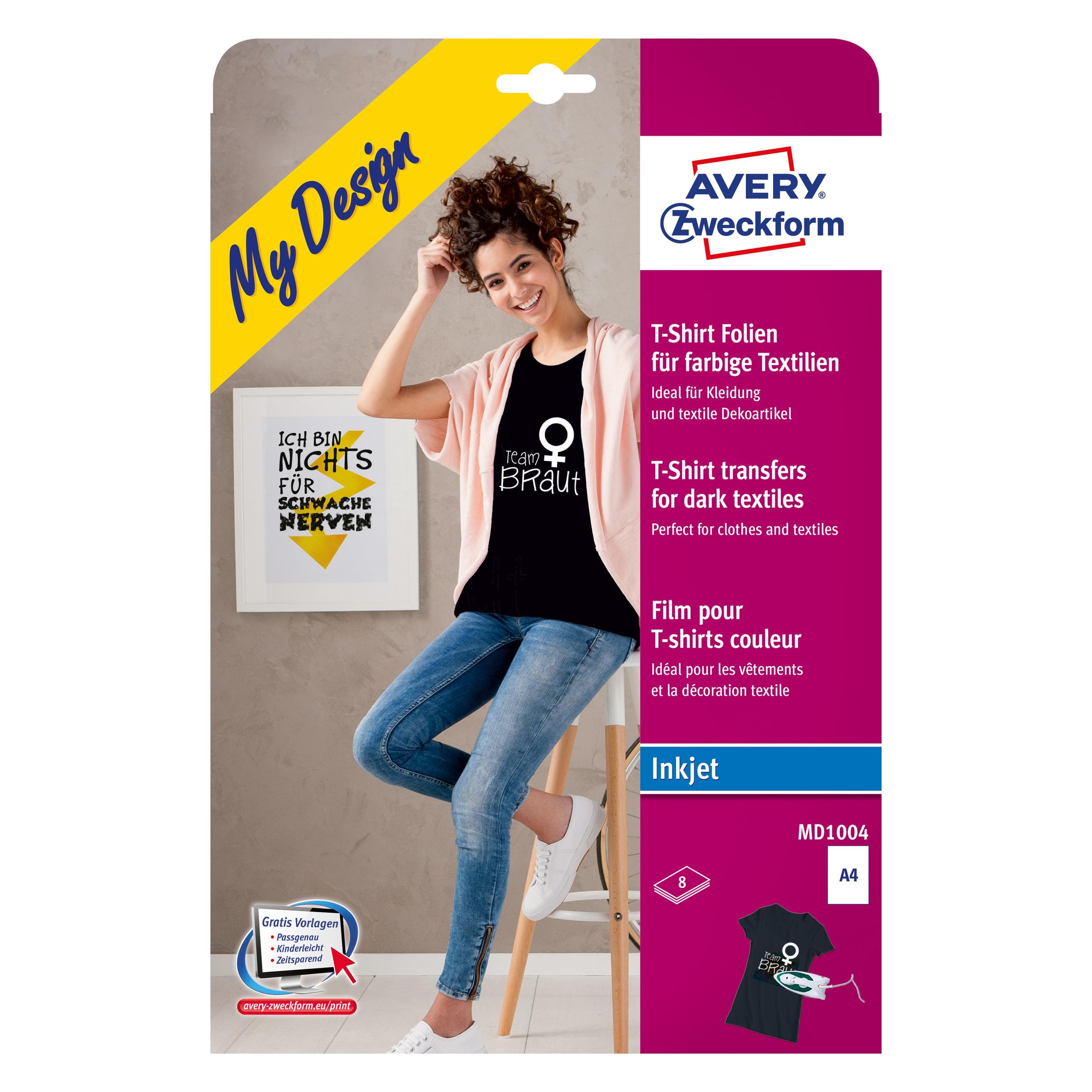 Avery, Doe-het-zelf papier, Doel Vorm Mijn Ontwerp T-shirt Transfer voor Donker Textiel (8x)