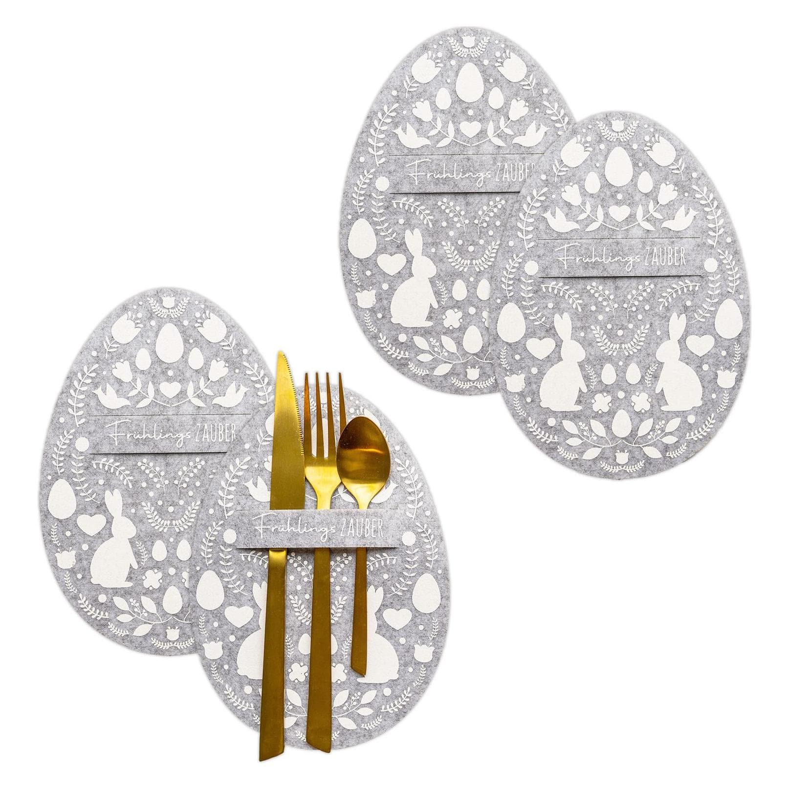 Papierdrachen, Osterdeko, 4 Osterbesteckhalter Filzeier grau weiss - Set 01 (4x)