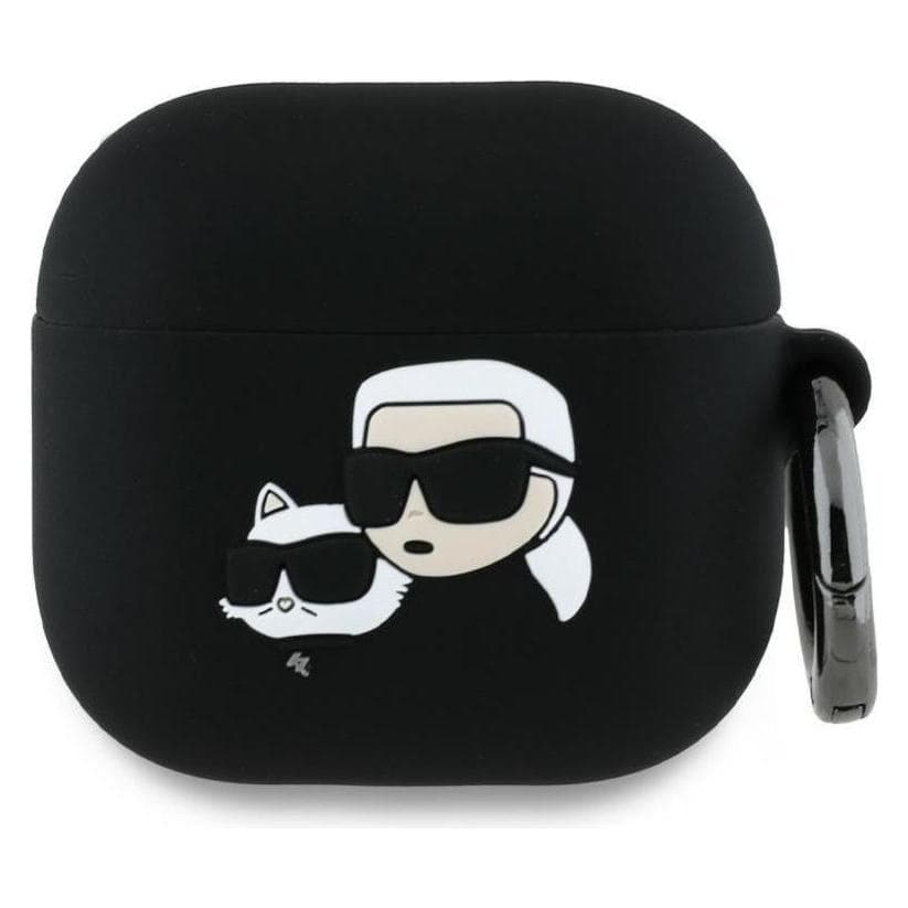 Karl Lagerfeld KLA4RUNKCHK AirPods 4 hoesje zwart/zwart Siliconen Karl&Chaupette Hoofd 3D (Hoofdtelefoon hoes), Hoofdtelefoon Tassen + Beschermende