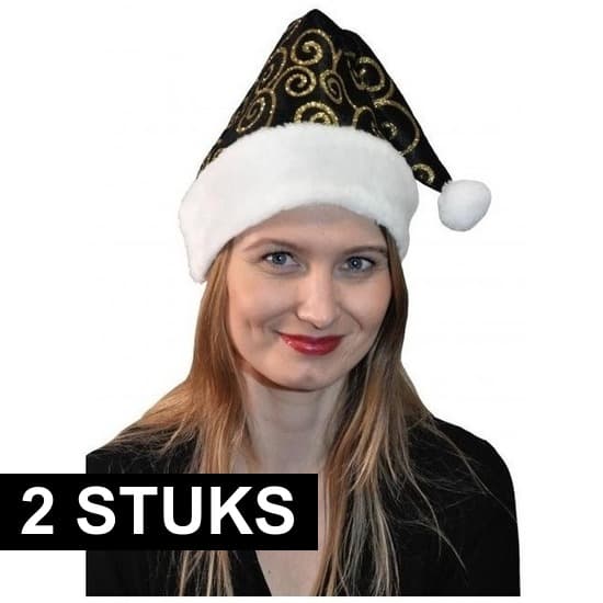 2x Stijlvolle kerstmuts zwart met goud