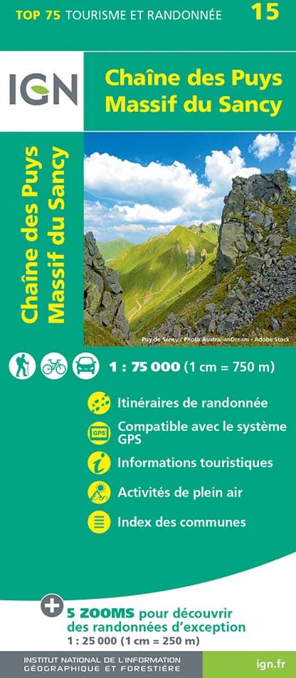 Wandelkaart - Fietskaart 75015 Chaîne des Puys - Massif du Sancy - Auv