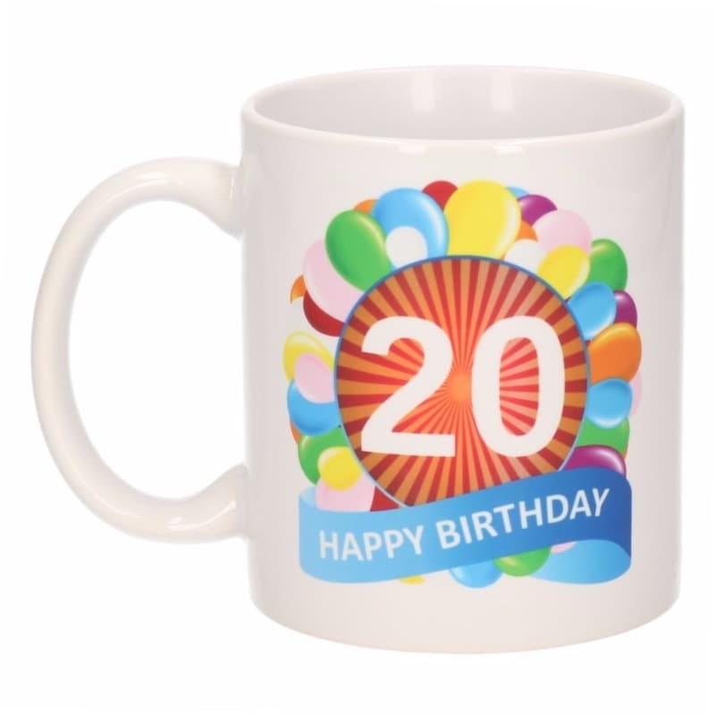 20 jaar Verjaardag koffiemok - cadeau beker - feestelijke ballonnen -