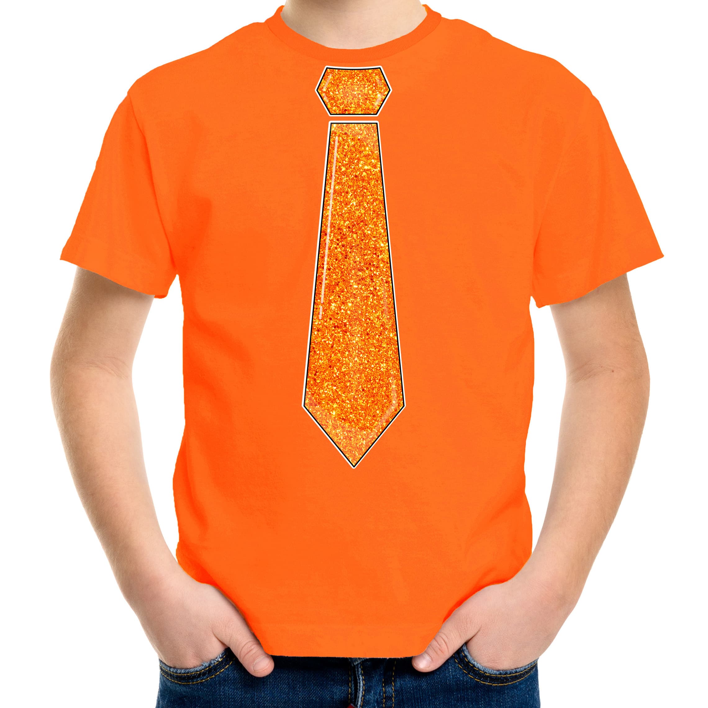 Bellatio Decorations Verkleed t-shirt voor kinderen - glitter stropdas - oranje - jongen - carnaval XL (164-176) -