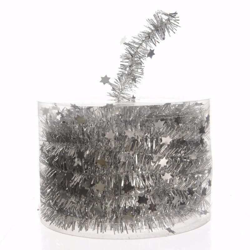 Decoris Kerstslinger - 1x - met sterren - zilver - lametta - 700 cm -