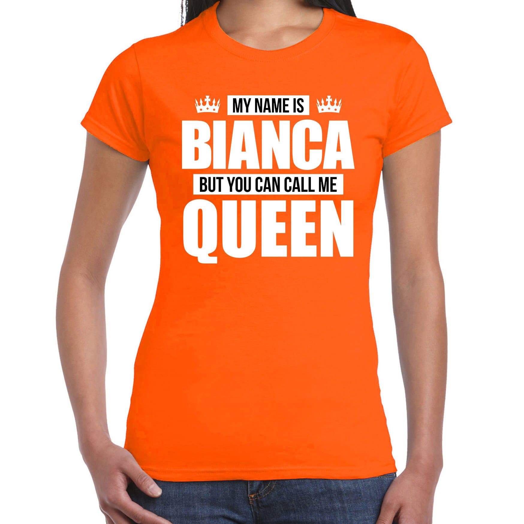 Naam cadeau t-shirt - name Bianca - call me Queen - oranje - dames XS -
