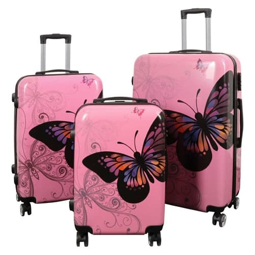 Luggage set - 3 pcs. - Suitcase with motif - Pink butterfly - Hard-shell lightweight suitcase with 4 wheels