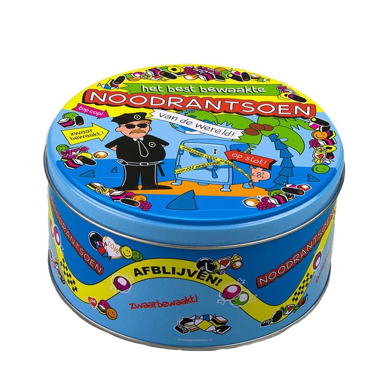 Cadeau Noodrantsoen snoeptrommel / koektrommel - met grappige tekst - 14 x 7 cm