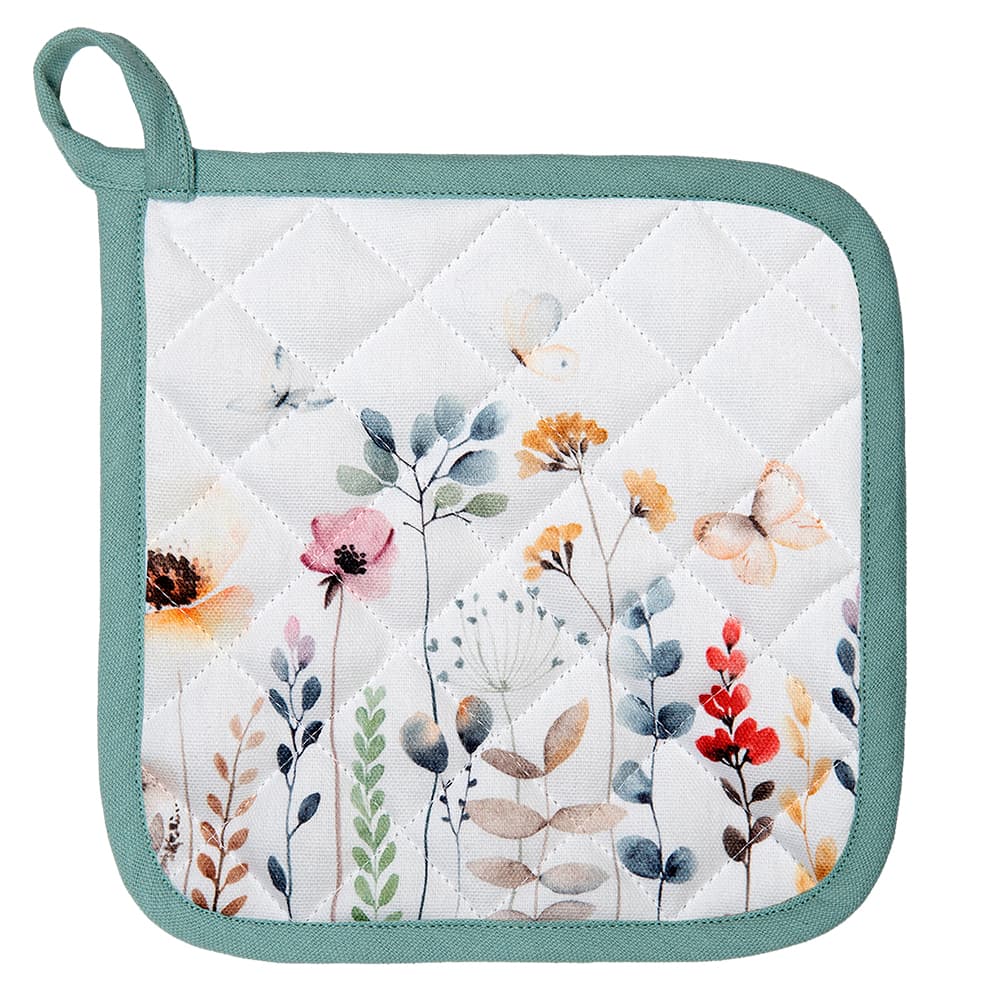 Clayre & Eef Pannenlap 20x20 cm Wit Groen Katoen Bloemen