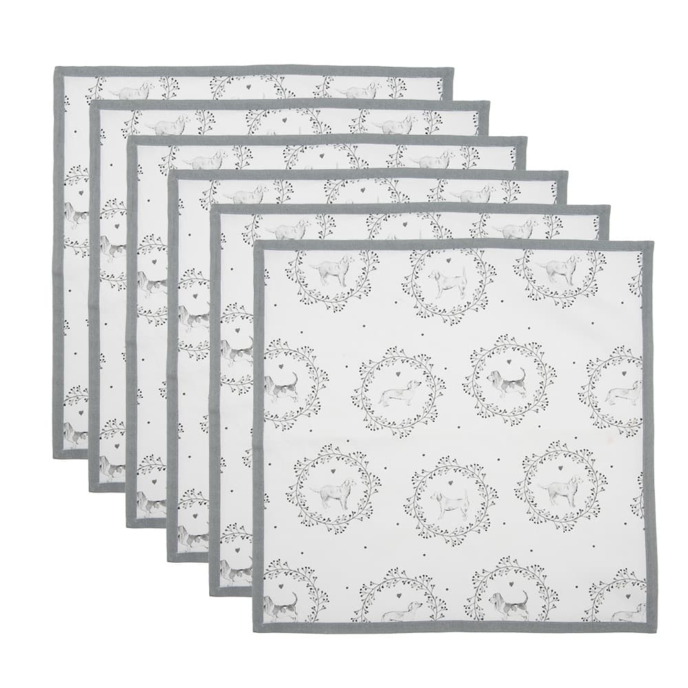 Servetten Katoen Set van 6 40x40 cm Wit Grijs Katoen Hond