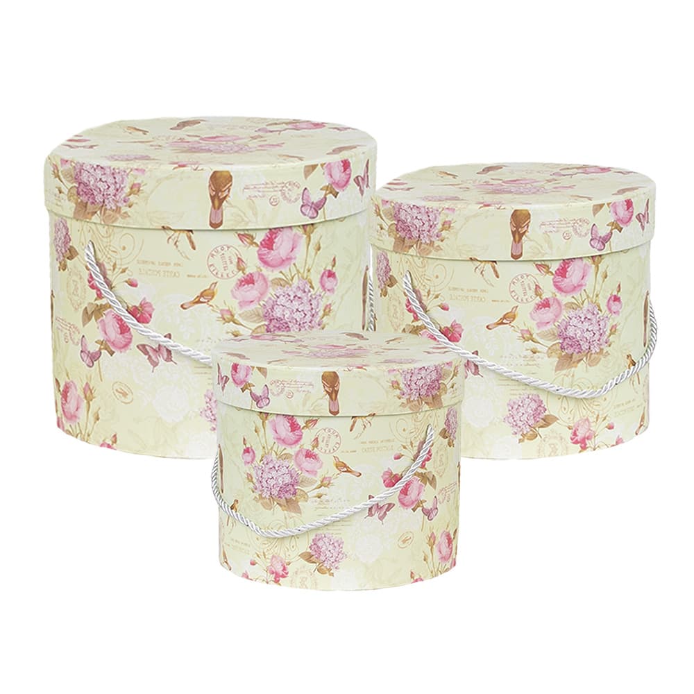Opbergdoos Set van 3 23x20 / Ø 20x17 / Ø 17x14 cm Groen Karton Bloemen