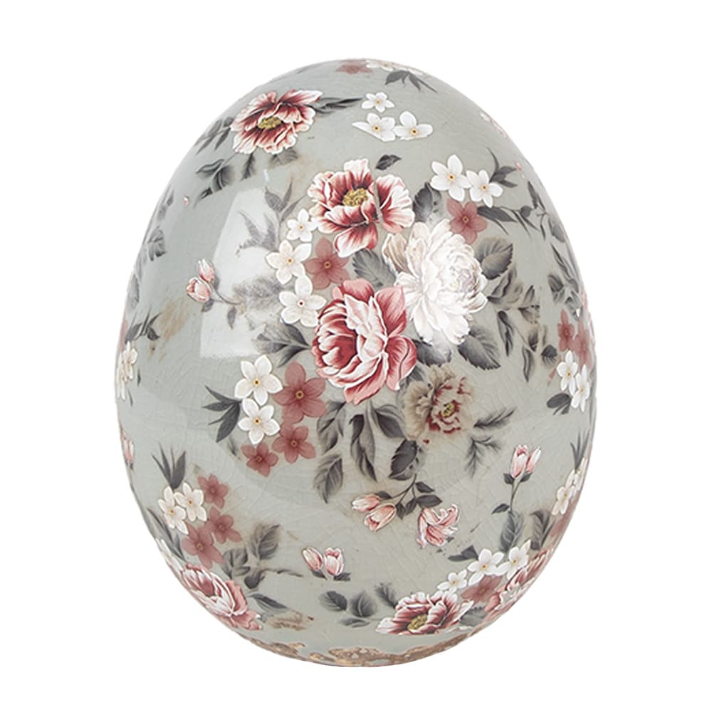Clayre & Eef Decoratie Beeld Ei Ø 10x12 cm Grijs Keramiek Bloemen