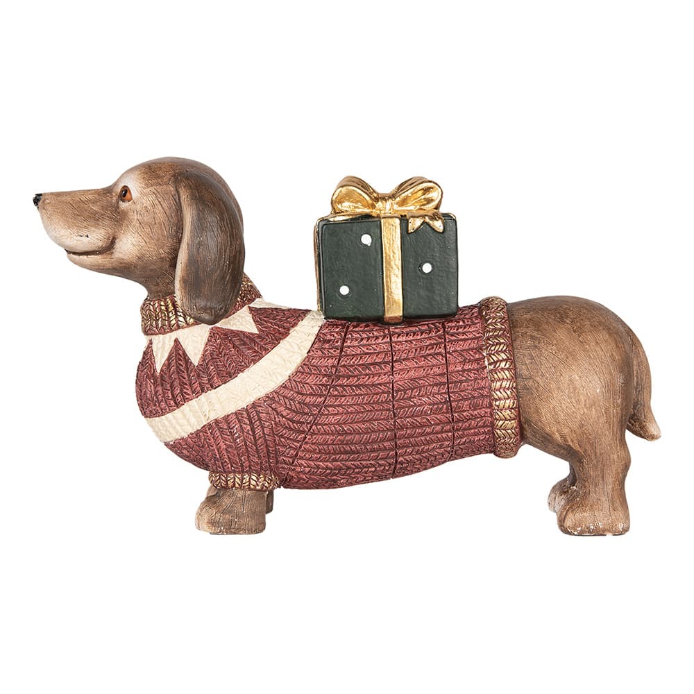 Clayre & Eef Kerstdecoratie Beeld Hond Teckel 47x14x28 cm Bruin Rood Keramisch materiaal