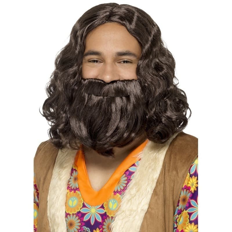 Verkleed baard - bruin haar - heren - baard en snor - carnaval - hippie/jezus