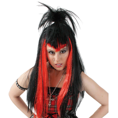 Verkleedpruik rocker - zwart/rood - dames - rockerpruik - damespruik - Carnaval pruik