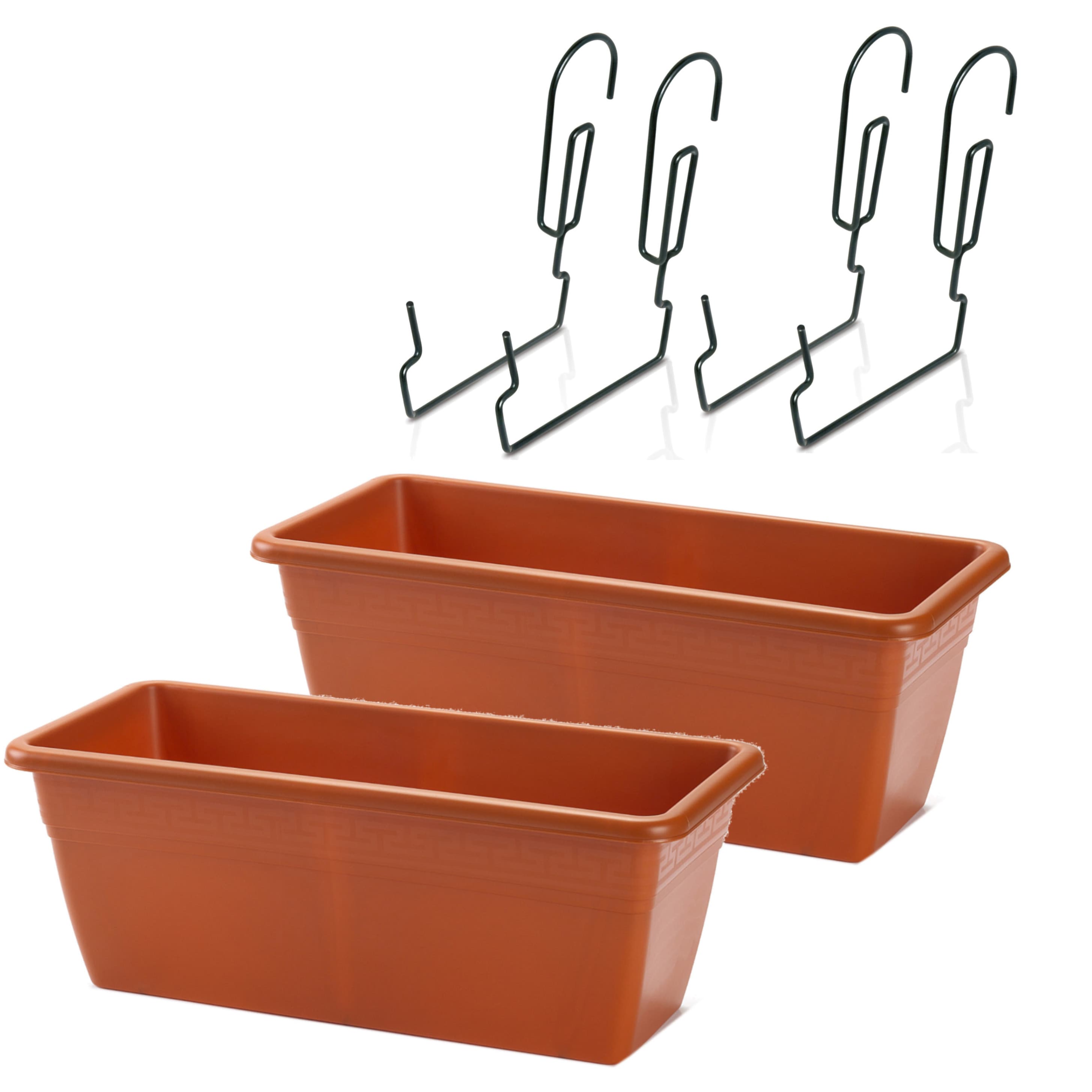 2x stuks reling Plantenbakken terracotta rechthoekig 40 x 18 x 15 cm met metalen beugels -