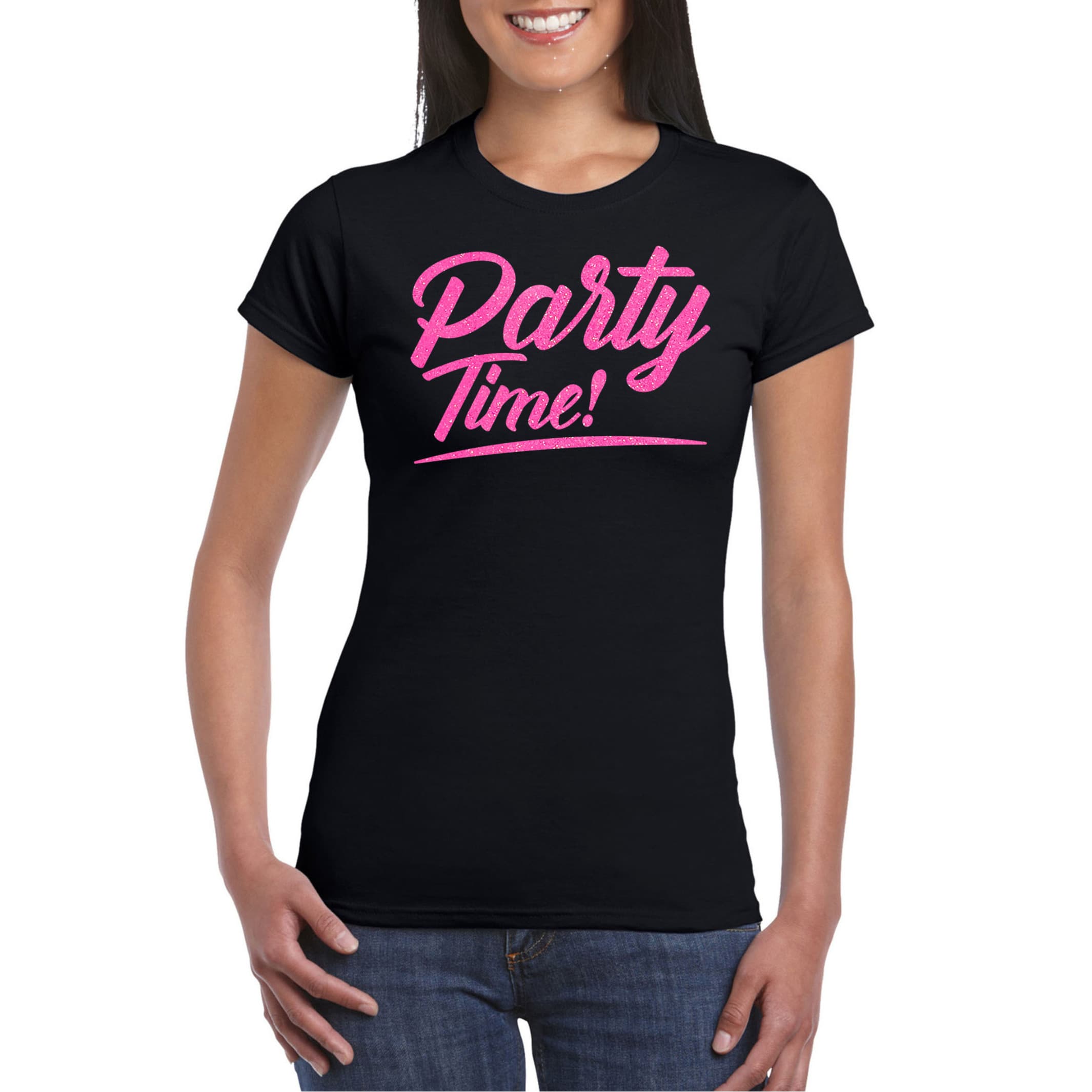 Bellatio Decorations Verkleed T-shirt voor dames - party time - zwart - roze glitter - carnaval XS -